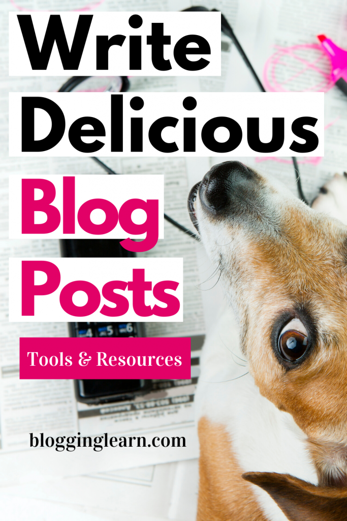 Pinterest Pin to share my page "Write Posts" of a photo with a cute adorable dog looking up at the camera who is sitting on a newspaper of classified ads with some ads circled in magenta pink highlighter and titled Write Delicious Blog Posts. Tools and Resources. And I know that classified ads and writing posts are not really related, but I really like the dog so I wanted to use it somewhere.